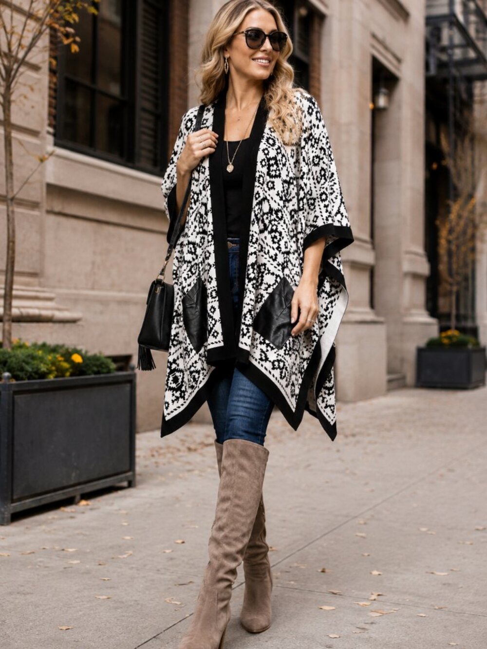 Dillard's All Black and White Poncho Wrap, Kimono Open Cardigan Size OS
